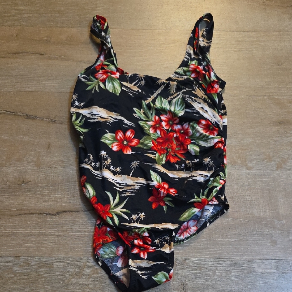 Floral Black and Red One-Piece Swimsuit